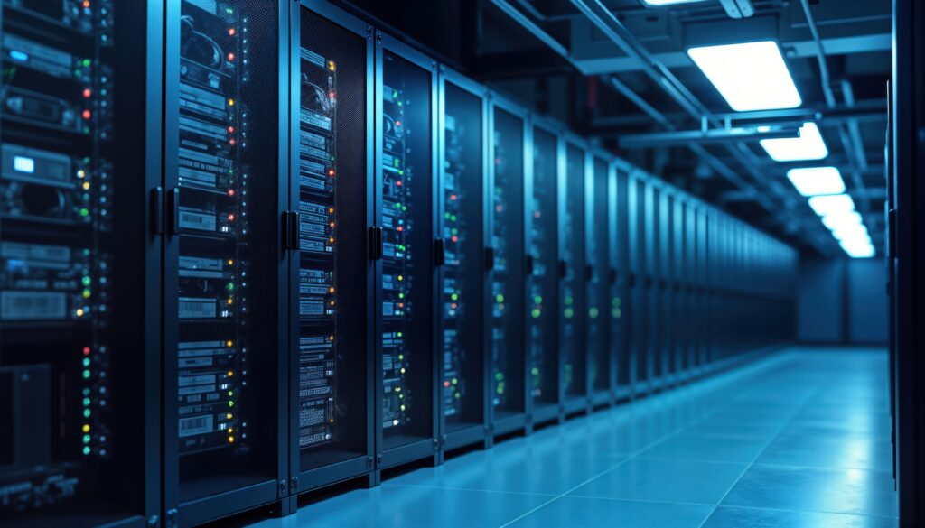 Dark tech server room filled with computer racks. Secure environment hosts critical systems. Advanced tech facilities support data centers. Digital infrastructure for, crypto mining. Modern datacenter